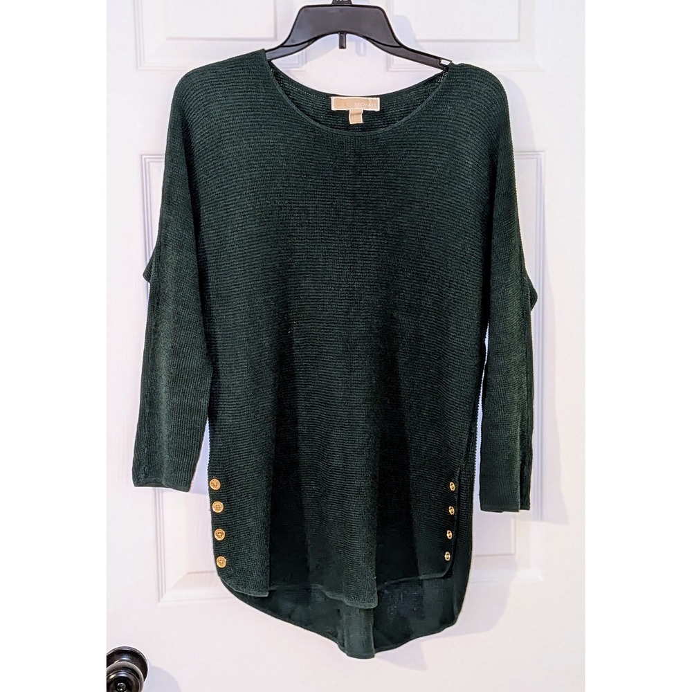 MICHAEL Michael‎ Kors Dark Green Ribbed Gold Button Side Detail Sweater Size S